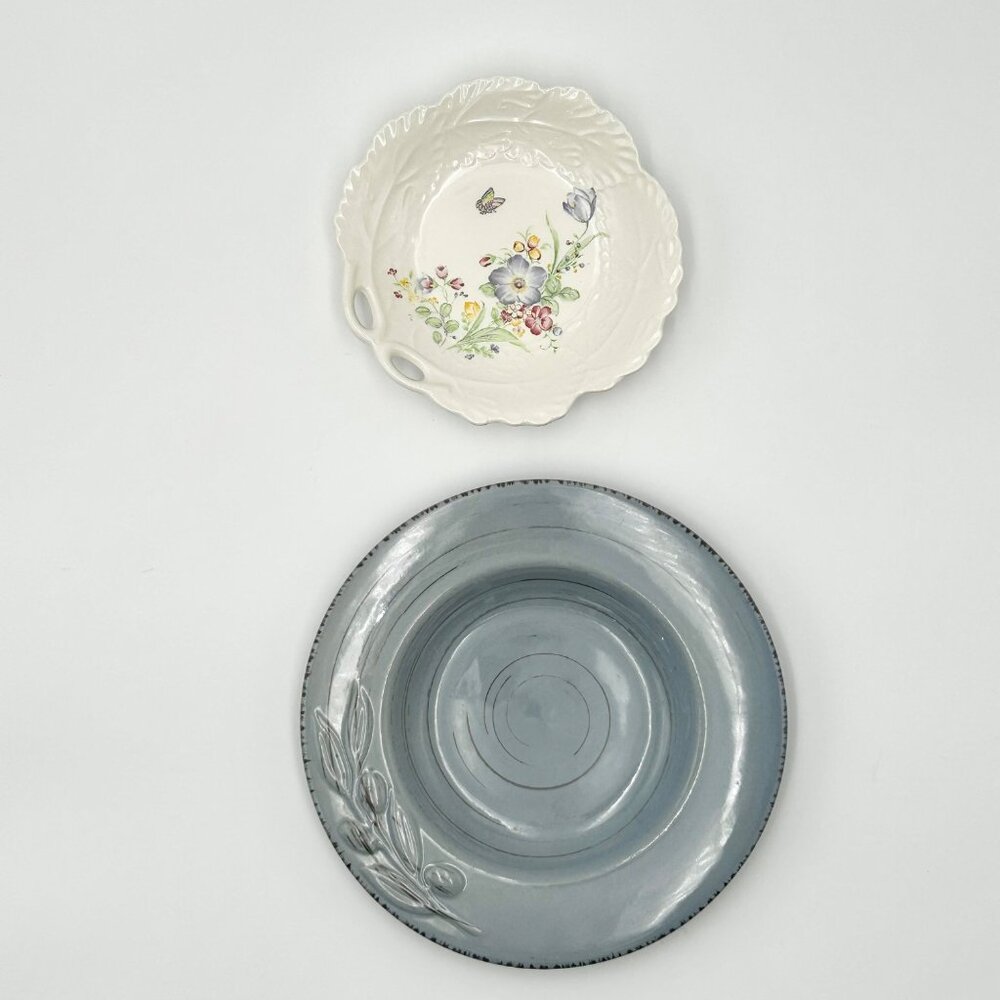 Floral Porcelain Plate & Blue Ceramic Bowl Set Primitive MCM Cottagecore Granny